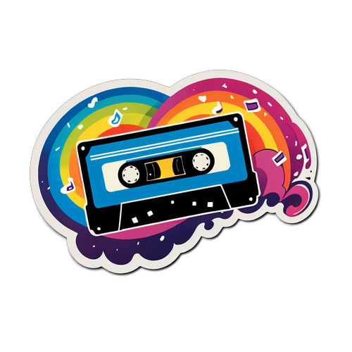 Retro Cassette Tape with Rainbow Music Notes Sticker