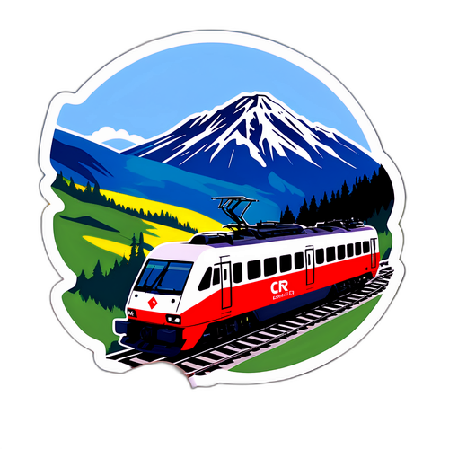 Autocolant cu tren CFR pe fundalul unui peisaj montan românesc