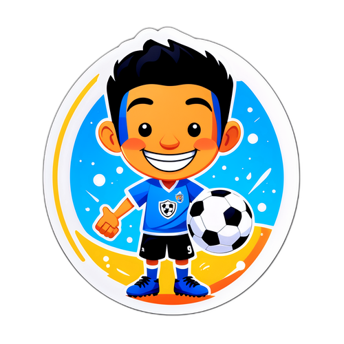 מדבקת אסי עזר עם כדורגל, שחייך חיוך גדול, מקדמת חברוּת בספורט ושמחה