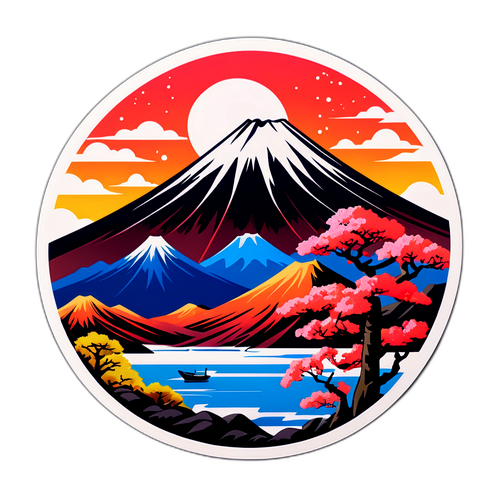 桜島と日本の伝統文化をテーマにした美しい風景のステッカー