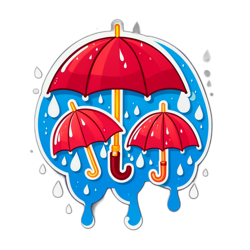 비 오는 날의 감정을 표현한 우산과 빗방울 캐릭터
