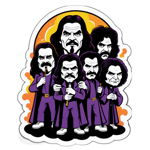 Ilustrace Black Sabbath jako karikatury vycházející z mlhy