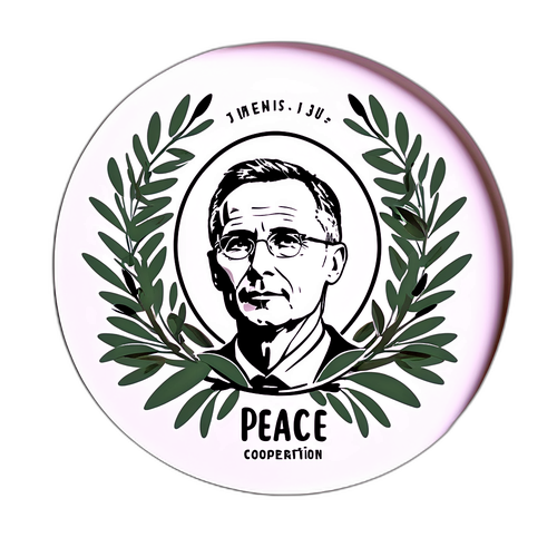 Minimalist klistremerke av Jens Stoltenberg med fredsbudskap
