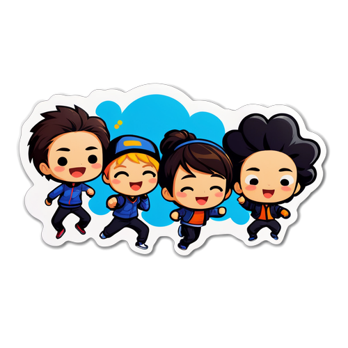 Ein kreativer Sticker mit den Hauptcharakteren aus "Long Shot" in lustiger Choreografie