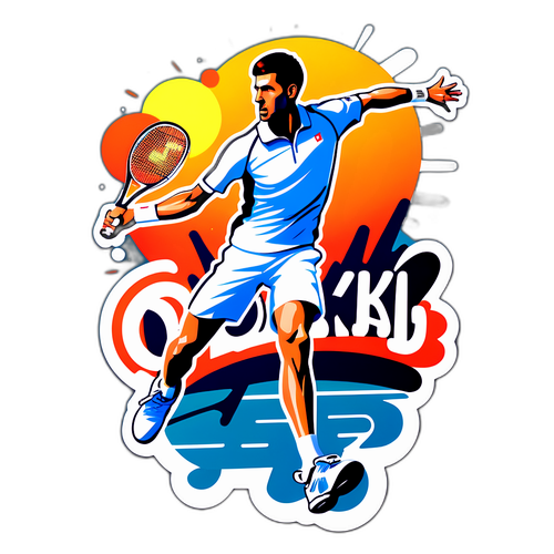 Djokovic illustré sur un fond ensoleillé avec des raquettes de tennis croisées