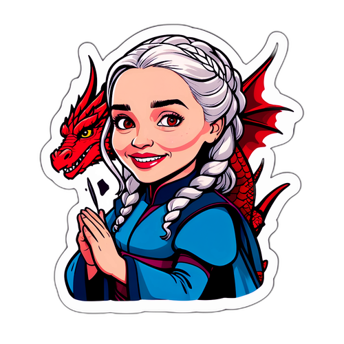 Caricatura de Emilia Clarke con dragones voladores y un saludo divertido