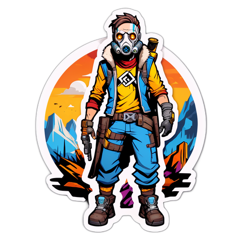 Sticker cu personaj principal din Borderlands 4 purtând echipament eccentric, într-un peisaj post-apocaliptic
