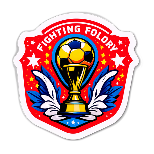 Un sticker que muestra un trofeo de fútbol con la frase 'Luchando por la gloria'