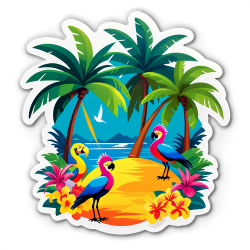 Tropical Paradise Scene with Palm Trees and Exotic Birds