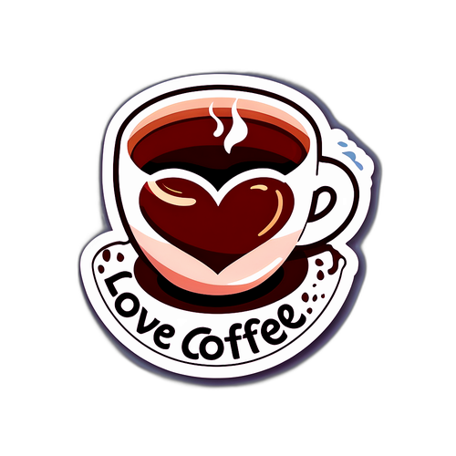 Sticker hình trái tim với cà phê và chữ 'Love Coffee'