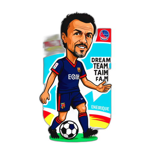 Luis Enrique na boisku z piłką i hasłem "Dream Team!"