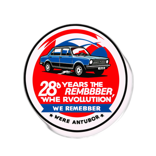 Retro nálepka s nápisem "28 let od revoluce – pamatujeme!"