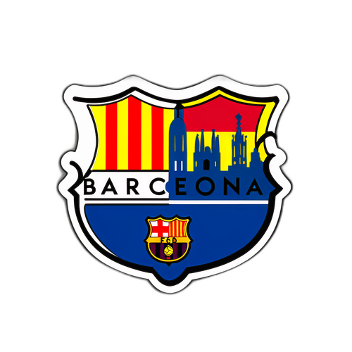 Autocolant minimalist cu logo-ul FC Barcelona și silueta orașului Barcelona