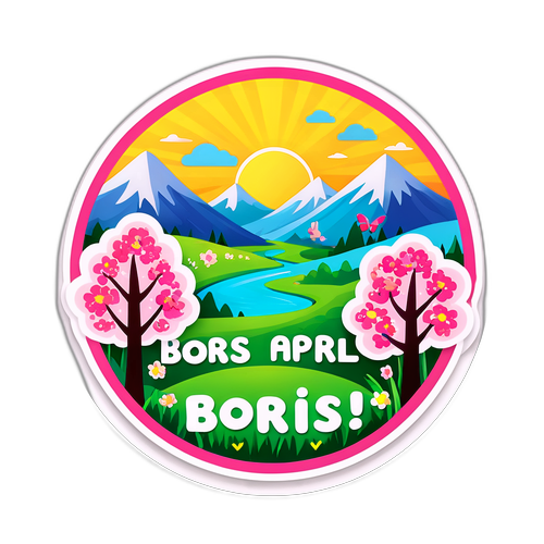 Наклейка з яскравим весняним пейзажем і написом 'Борис. Привіт, квітень!'