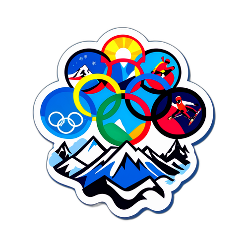 Grafica per snowboard con anelli olimpici e simboli sportivi invernali