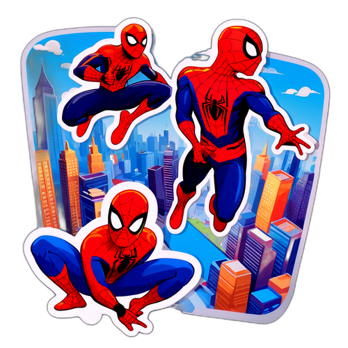 Kolorowe wersje Spider-Mana w miejskim krajobrazie