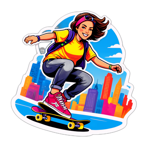 Livlig klistremerke av Sandra Bruflot på skateboard i storbyen