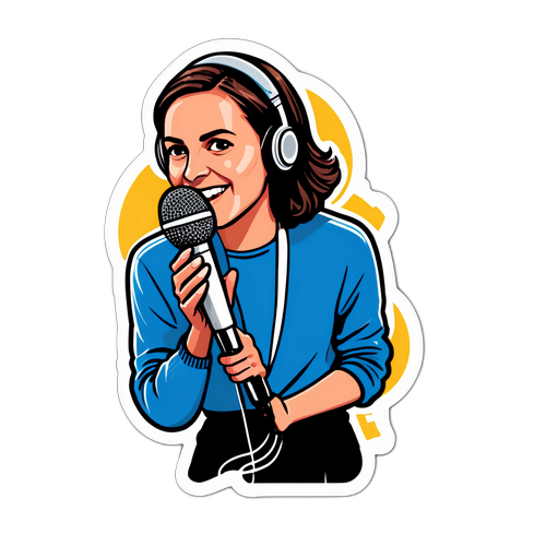 Sticker von Esther Sedlaczek vor einem Mikrofon