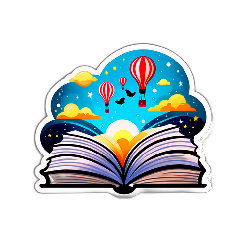 En fantasifuld klistermærke af en bog med svævende sider