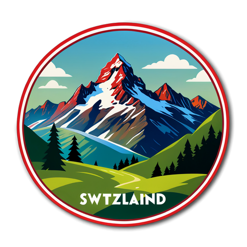 Sticker van de Zwitserse bergen met de tekst 'Zwitserland: natuur en diversiteit'