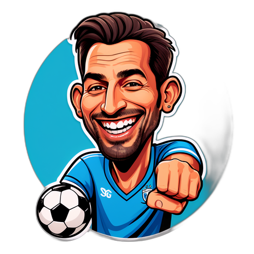 Portrait caricatural de Sami Trabelsi avec un ballon de football