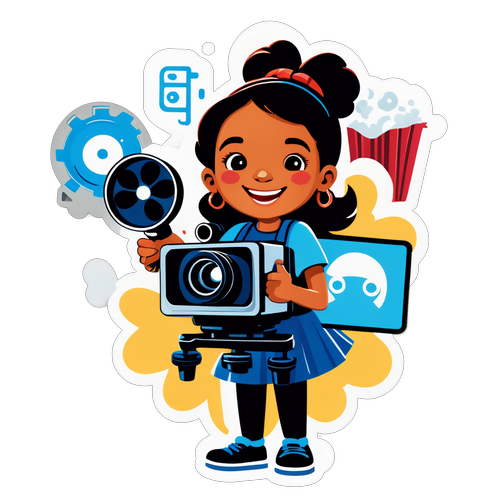 Personnage joyeux entouré de symboles de cinéma