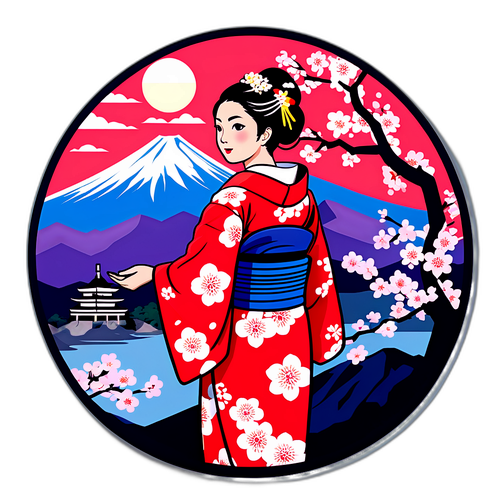 着物を着た女性と富士山のデザイン