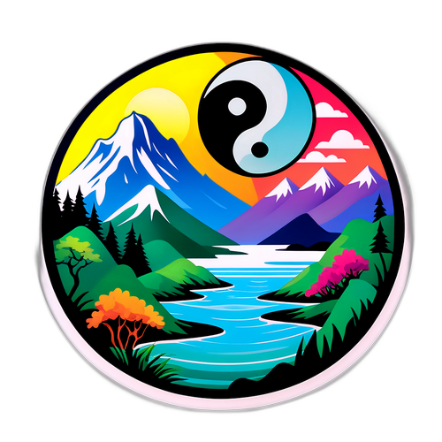 Magandang disenyo ng yin-yang na may tanawin ng bundok at karagatan