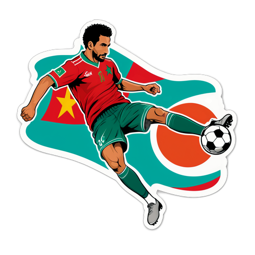 Sticker van een Marokkaanse voetballer die een bal hoog de lucht in schopt