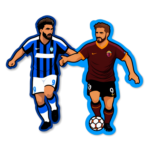 A sticker cu jucători de fotbal în stiluri diferite, reprezentând meciul Atalanta - Roma, cu mesajul 'O duel de titani!'