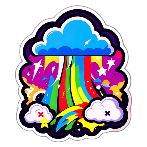 Kledinglijn met felgekleurde onweersbuien en regenbogen