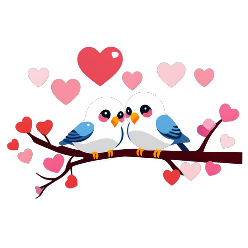 Lovebirds on a Branch with Hearts