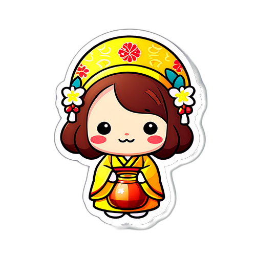 전통 추석 축제를 즐기는 귀여운 캐릭터 스티커