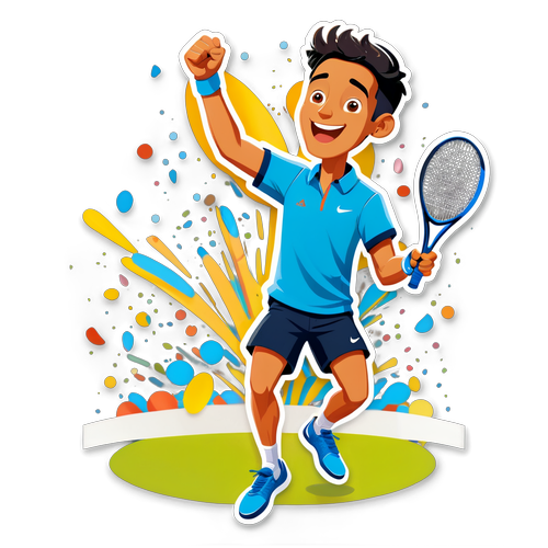 En lekfull tecknad Hugo Dellien firar en tennisseger