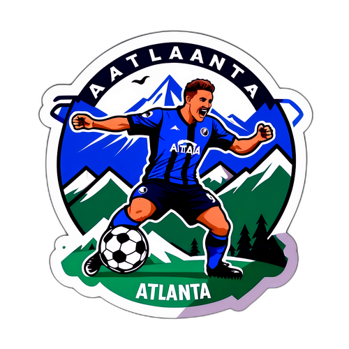 Atalanta-logotyp med bergskedja och fotbollsspelare som firar mål