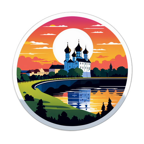 Вечерний вид на Псков у красивом закате