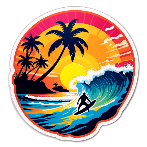 Vibrant klistremerke av en øy solnedgang med surfere