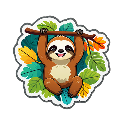 Happy Sloth Hanging from a Tree Branch Sticker