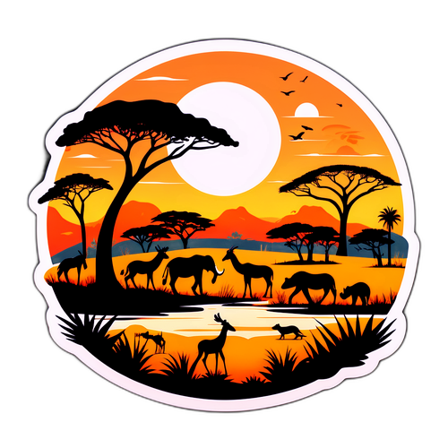 サバンナの動物たちが調和して暮らすシーンのステッカー