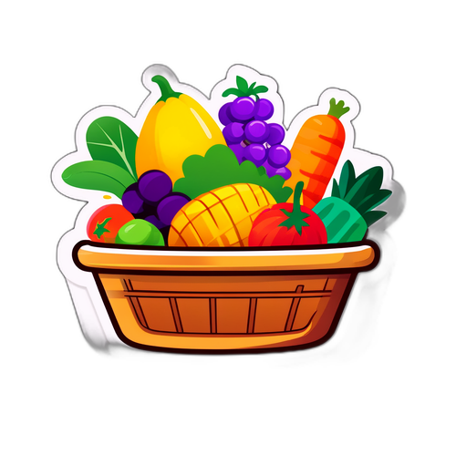 Kleurvolle sticker met een mand vol verse producten