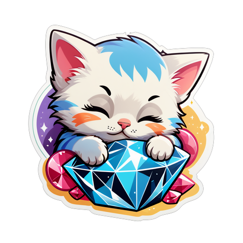 睡著的小貓抱著閃亮的鑽石