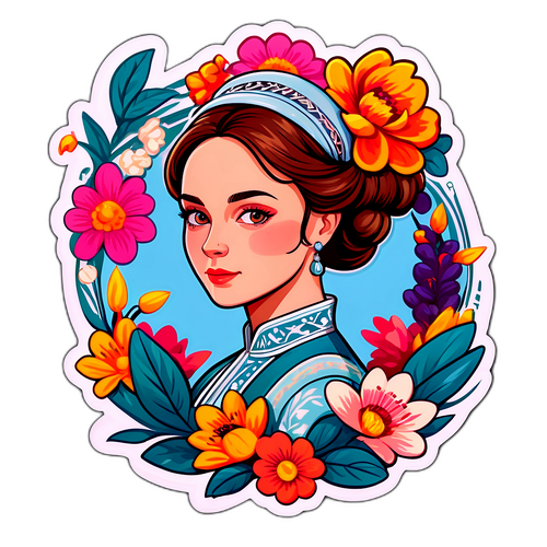 Дизайн наліпки з портретом Валентини Підвербної, оточеної квітами та елегантними лініями