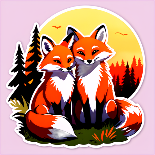 一對狐狸在森林日落下互相依偎表達溫暖和愛意