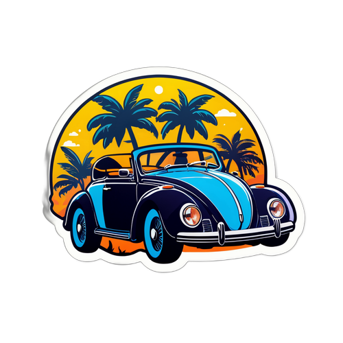 Diseño de un icónico coche clásico con palmeras al atardecer
