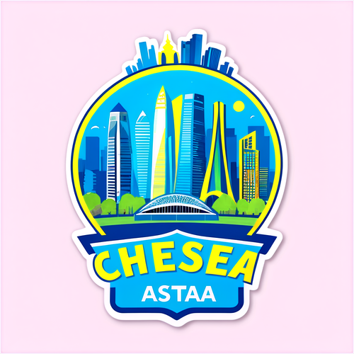 Moderne klistermærke med Chelsea's logo og Astana's skyline