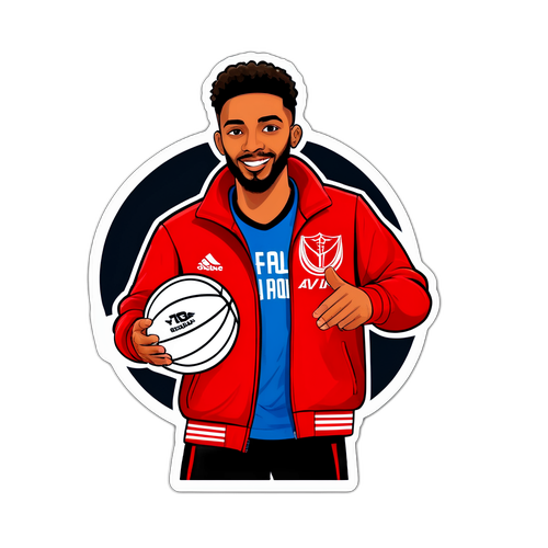 הוא מראה רוח צוות תוך כדי שהוא לובש ג'קט אדום של האפואל תל אביב ואוחז כדורסל