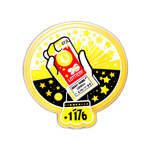 Autocolant cu o mână care scoate un bilet de loterie înconjurat de stele aurii