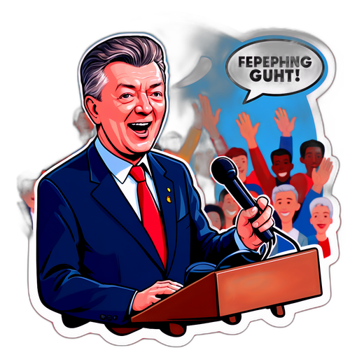 Een cartoon van Karel De Gucht die een toespraak houdt