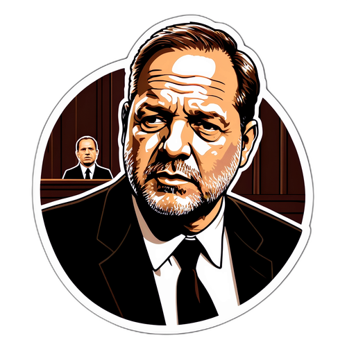 En mørk, dyster design av Harvey Weinstein med rettssal i bakgrunnen