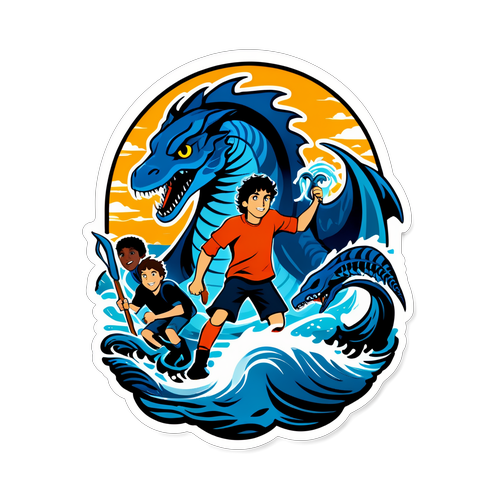 Oblíbený hrdina Percy Jackson s přáteli na stylizovaném pozadí se mořskými monstry